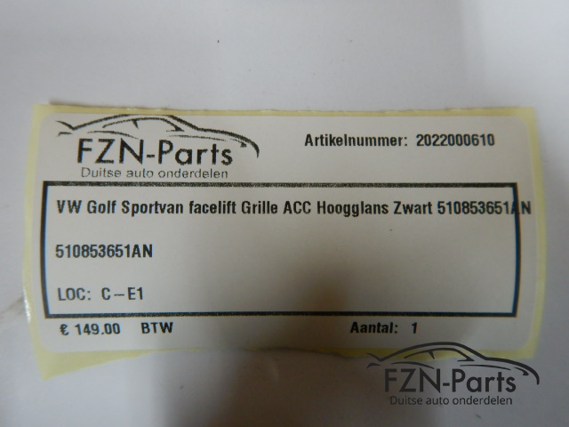 VW Golf Sportsvan Grille Facelift ACC Hoogglans Zwart 510853651AN