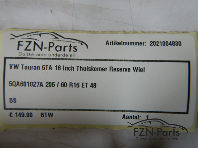 VW Touran 5TA 16 INCH Thuiskomer Reserve wiel