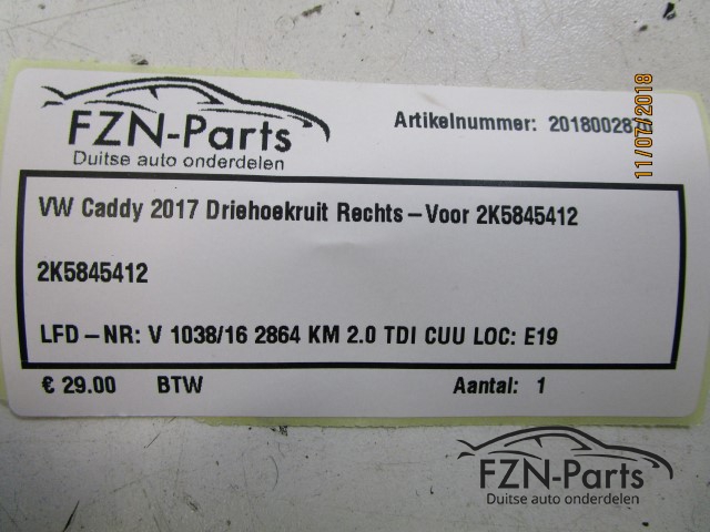 VW Caddy 2017 Driehoekruit Rechts-Voor 2K5845412