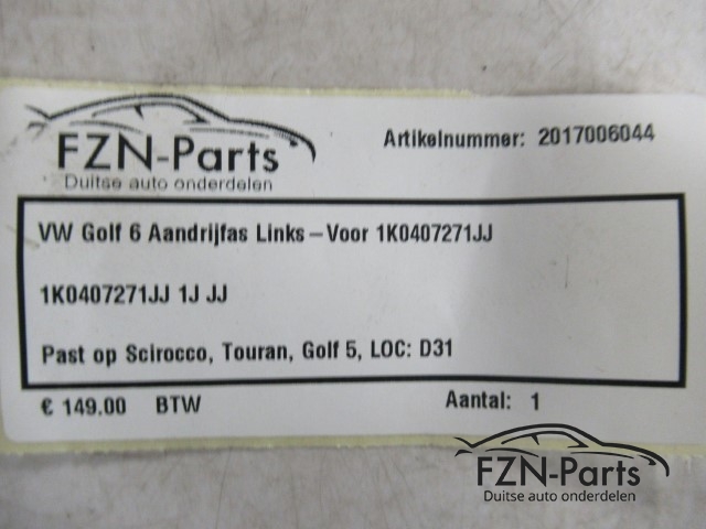 VW Golf 6 Aandrijfas Links-Voor 1K0407271JJ