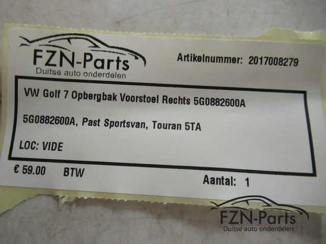 VW Golf 7 Opbergvak Voorstoel Rechts 5G0882600A