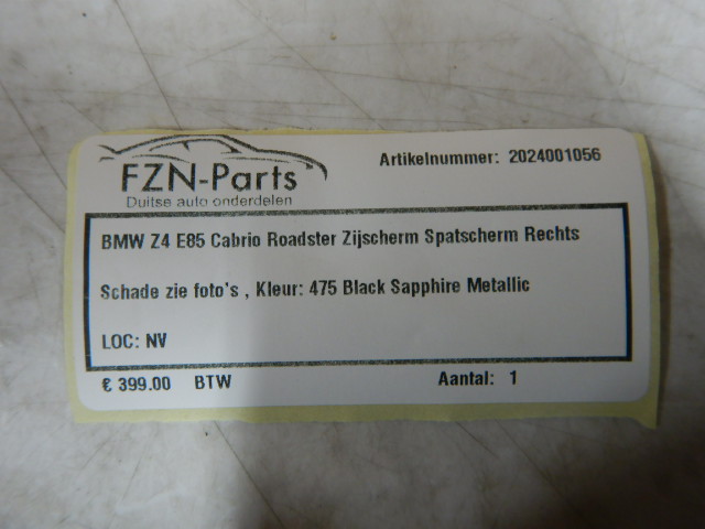 BMW Z4 E85 Cabrio Roadster Zijscherm Spatscherm Rechts