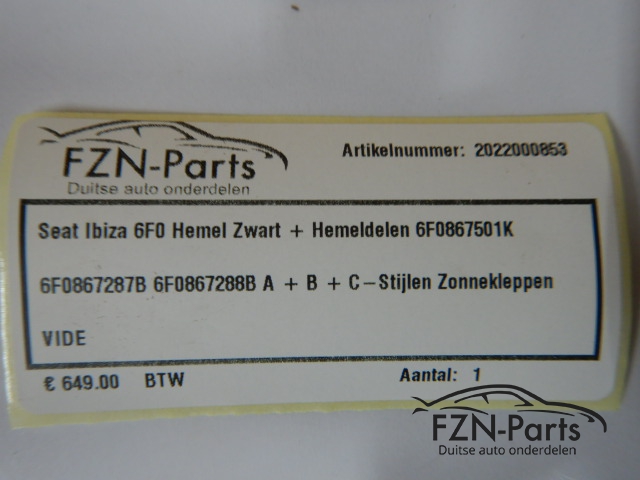Seat Ibiza 6F0 Hemel Zwart + Hemeldelen 6F0867501K