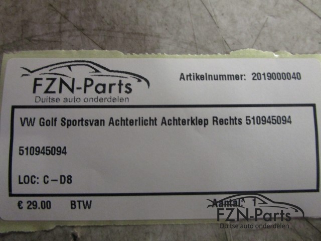 VW Golf Sportsvan Achterlicht Achterklep Rechts 510945094