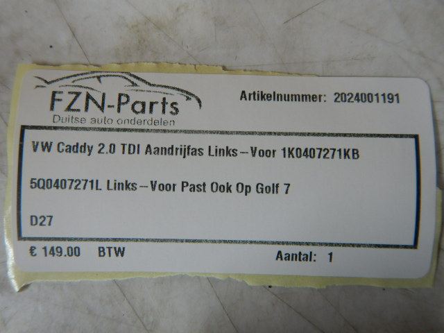 VW Caddy 2.0 TDI Aandrijfas Links-Voor 1K0407271KB