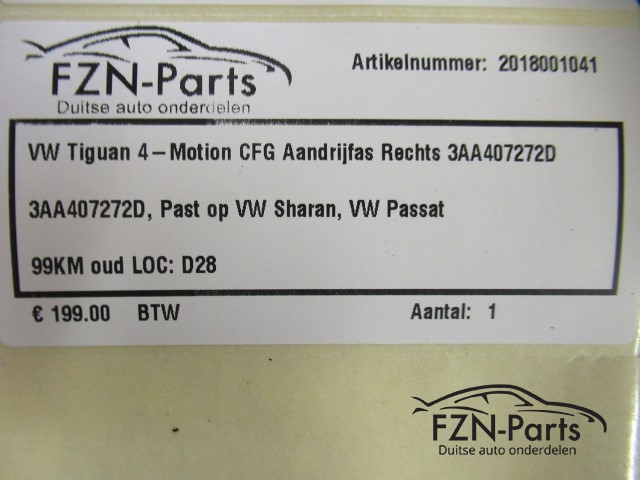 VW Tiguan 4-Motion CFG Aandrijfas Rechts 3AA407272D