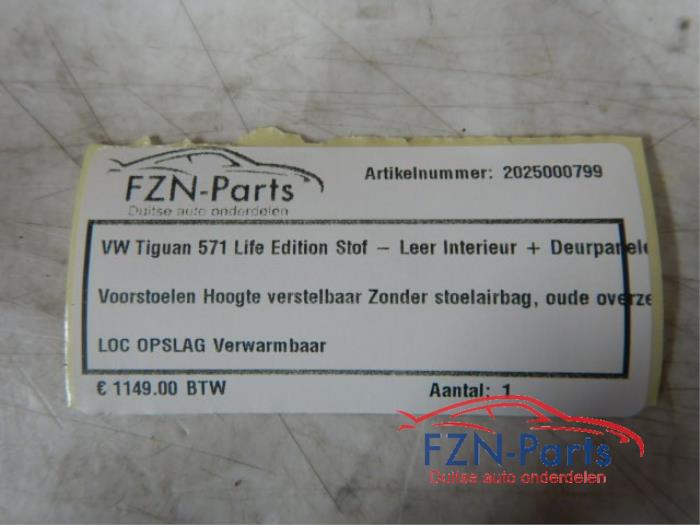 VW Tiguan 571 Life Edition Stof Leer Interieur+ Deurpanelen Voorstoelen Hoogteverstel en VerwarmbaarZonder StoelairbagOude overzettenInterieur, Verwarmbaar, Deurpanelen, Stof leer, Tiguan 571 2.0 TDI 157056