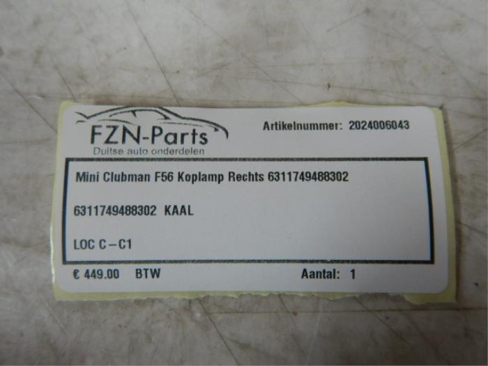 Mini Clubman F56 Koplamp Links 6311749488302 6311749488302KaalKoplamp, Rechts, Clubman F56 One 34994 01-03-2009 01-02-2010
Cooper D 23447 01-10-2007 01-02-2010
Cooper SD 9897 01-02-2011 01-06-2014
Cooper S John Cooper Works
