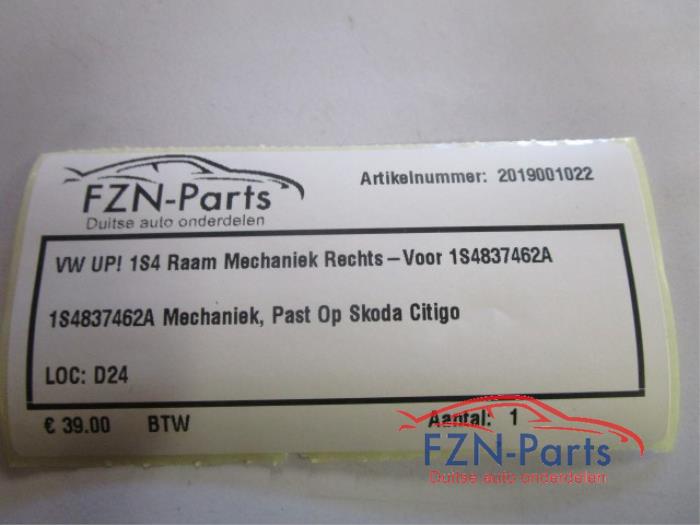 VW UP! 1S4 Raam Mechaniek Rechts-Voor
