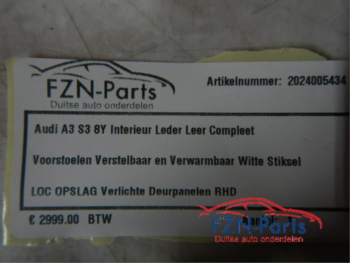 Audi A3 S3 8Y Interieur Leder Leer Compleet Voorstoelen VerstelbaarVoorstoelen VerwarmbaarWitte StikselsVerlichte Deurpanelen RHDInterieur, Voorstoelen, Achterbank, Deurpanelen, A3 S3 8Y