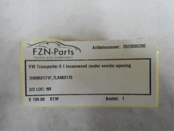 VW Transporter T6.1 Tussenwand Zonder Venster Opening