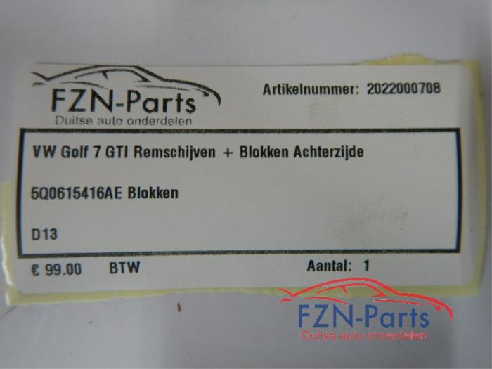VW Golf 7 GTI Remschijven+Blokken Achterzijde