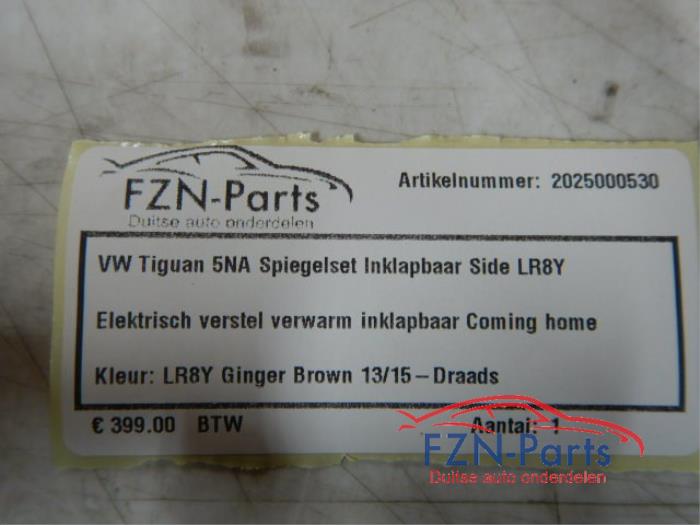 VW Tiguan 5NA Spiegelset Inklapbaar Side-assist LR8Y Bruin Elektrisch verstel verwarm en inklapbaarMist side assist lampjeHome comingKleur: LR8Y Ginger brown13/15 draadsZij buiten spiegel set links rechts compleet inclusief schakelaar