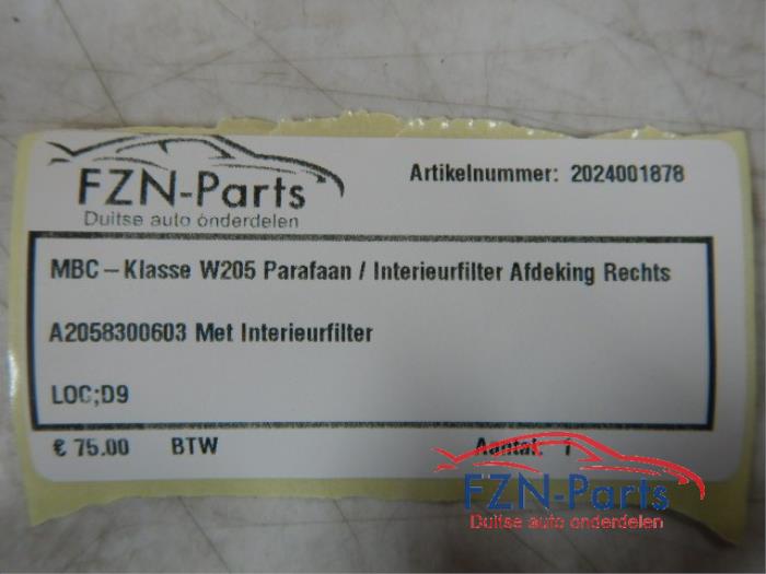 Mercedes-Benz C-Klasse W205 Parafaan / Interieurfilter Afdekking Rechts