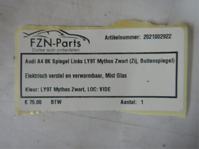 Audi A4 8K Spiegel Links LY9T Mythos Schwarz ( Zij , Buitenspiegel ) Elektrisch verstel en verwarmbaar Mist spiegel glas Kleur: