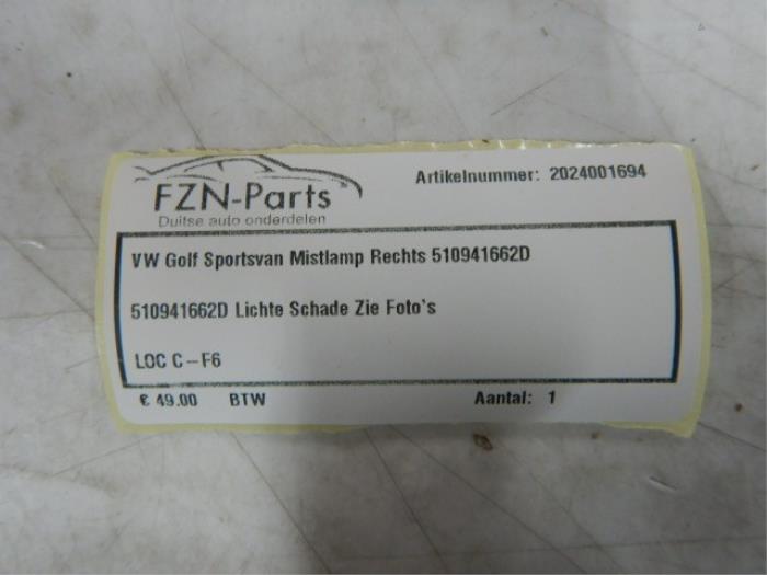 VW Golf Sportsvan Mistlamp Rechts 510941662D 510941662D Lichte schade zie fotos