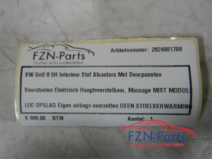 VW Golf 8 5H Interieur Stof Alcantara met Deurpanelen Voorstoelen elektrisch hoogteverstelbaarMassage MIST MODULE Eigen airbags overzetten GEEN STOELVERWARMING5 deurs , Interieur , Stof Alcantara , Stoel Stoelen Achterbank Deurpaneel