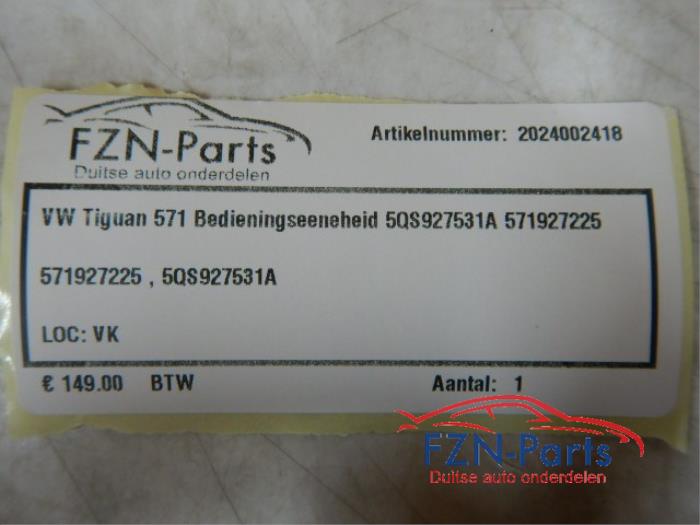 VW Tiguan 571 Bedienings eenheid Paneel Start stop Handrem