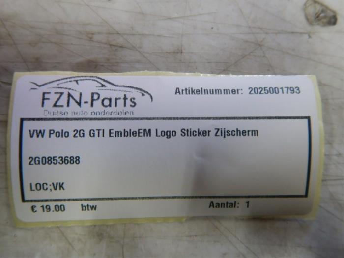 VW Polo 2G GTI Embleem Logo Sticker zijscherm rechts