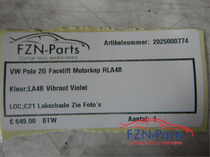 VW Polo 2G Facelift Motorkap LA4B Kleur: LA5B Vibrant VioletLakschade zie fotosMotorkap, Gespoten plaatwerk, Polo 2G FL 1.0 TSI