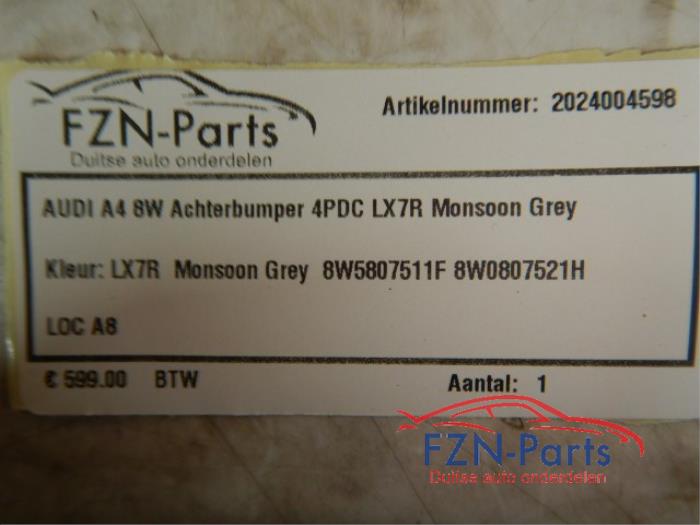 Audi A4 8W5 Sedan Achterbumper 4PDC LX7R Monsoon grey Kleur: LX7R Monsoon Grey GrijsAchter bumper achterzijde compleet 40 TDI Mild Hybrid quattro