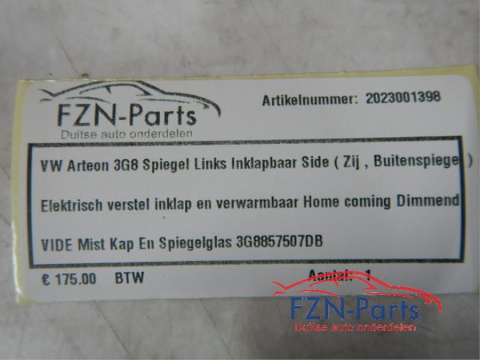 VW Arteon 3G8 Spiegel Links Inklapbaar Side (Zij,Buitenspiegel) Elektrisch Verstel, Inklap en Verwarmbaar Home Coming Dimmend Mist Kap en Spiegelglas