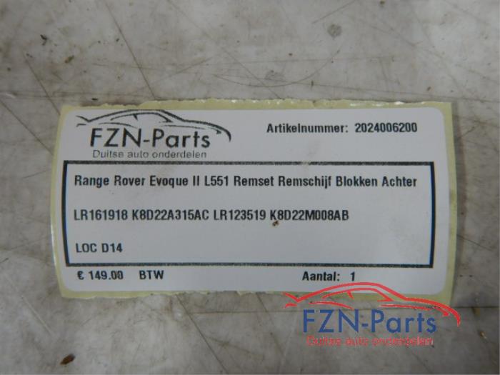 Range Rover Evoque II L551 Remset Remschijf Blokken Achterzijde