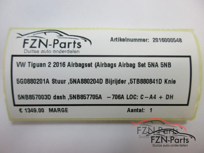 VW Tiguan 2 2016 Airbagset (Airbags Dashboard Airbag Set 5NA 5NB)