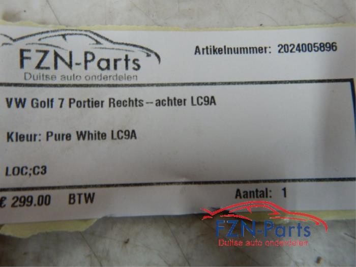 VW Golf 7 Portier Rechts-achter LC9A Pure white Kleur: LC9A Pure whiteportier deur wit rechts rechter achterzijde