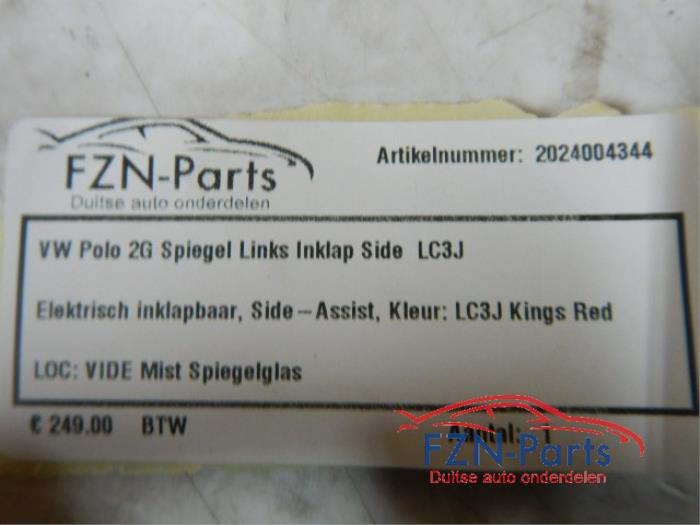 VW Polo 2G Spiegel Links Inklap Side-Assist LC3J Kleur: LC3J Kings RedElektrisch Verstel, Verwarm en InklapbaarSide-AssistMist SpiegelglasBuitenspiegel, Zijspiegel, Links, Rood, Inklapbaar, Dodehoek, Polo 2G