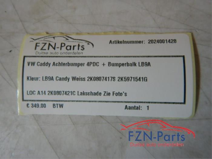 VW Caddy Achterbumper 4PDC + Bumperbalk LB9A Kleur: LB9A Candy Weiss2K0807417S2K5971541G2K0807421C