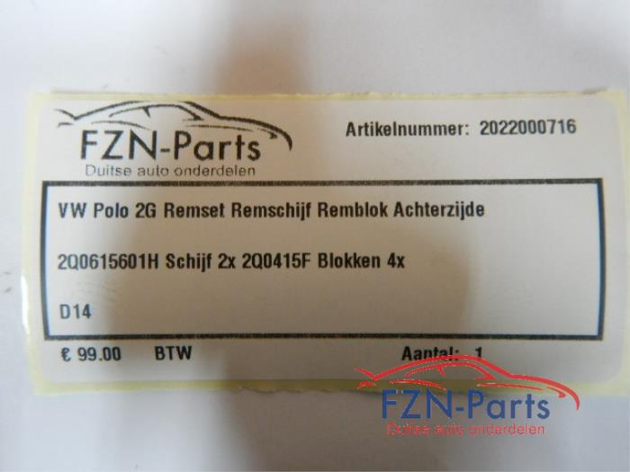 VW Polo 2G Remset Remschijf Remblok Achterzijde