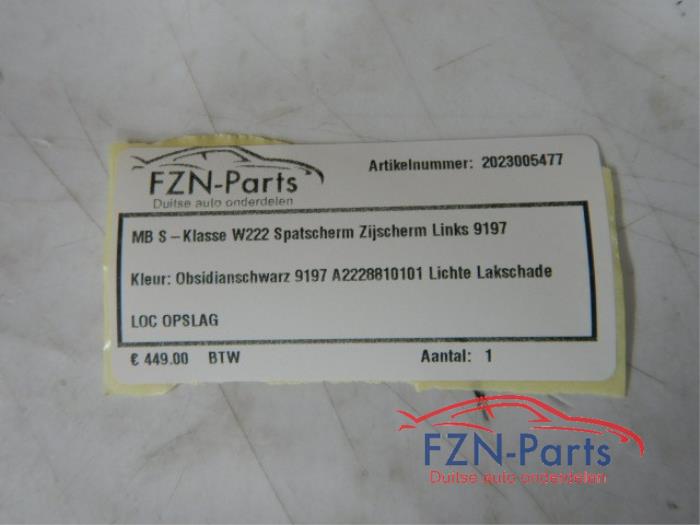 Mercedes Benz S-Klasse W222 Spatscherm Zijscherm Links 9197 Kleur: Obsidianschwarz 9197
