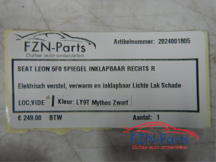 Seat Leon 5F0 Spiegel Inklapbaar Rechts Kleur: LY9T Mythos ZwartElektrisch Verstel, Verwarm en InklapbaarLichte Lakschade zie fotosSpiegel, Rechts, LY9T Zwart, Leon 5F0