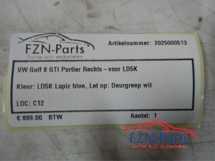 VW Golf 8 GTI Portier Rechts - Voor LD5K Kleur: LD5K Lapiz BlueLet op: Deurgreep wit zie fotos!!Volkswagen, Golf, Golf 8, GTI, Portier, Deur, portieren en toebehoren 2.0 GTI Clubsport