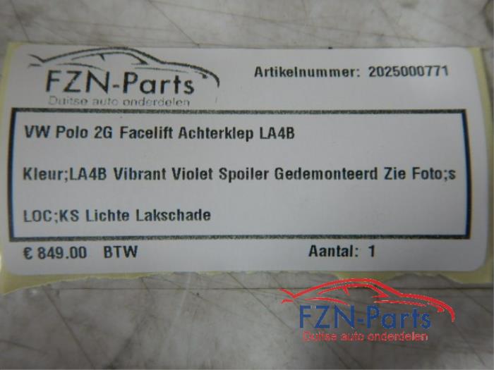 VW Polo 2G Facelift Achterklep LA4B Kleur: LA4B Vibrant VioletSpoiler gedemonteerd zie fotosLichte lakschadeAchterklep, Polo 2G FL