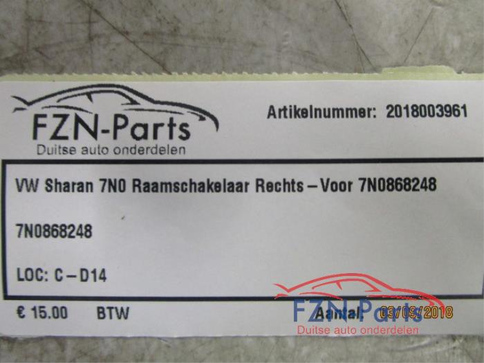VW Sharan 7N0 Raamschakelaar Rechts-Voor