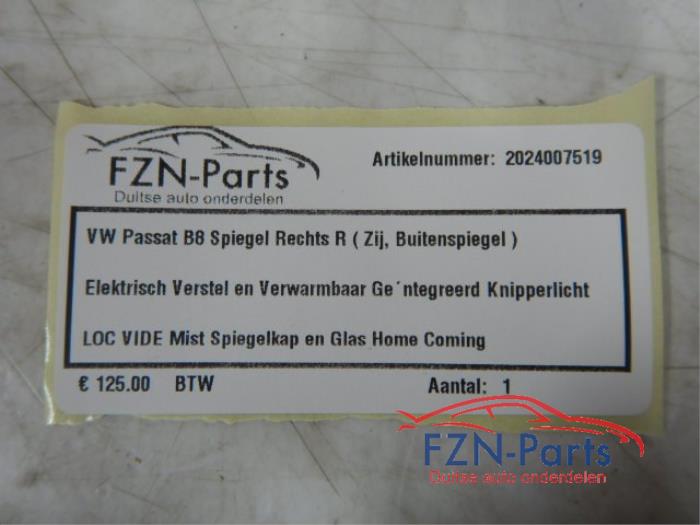 VW Passat B8 Spiegel Rechts (Zij, Buitenspiegel) Elektrisch Verstel en verwarmbaarGeïntegreerd knipperlichtHome comingMist Spiegelkap en glasZijspiegel, Rechts, Passat B8 2.0 TDI