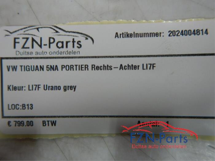 VW Tiguan 5NA Portier Rechts-achter LI7F Urano grey Kleur: LI7F Urano grey portier deur rechts rechter achterzijde Grijs 1.5 TSI 134614 01-11-2018 01-08-2019
2.0 TSI 4motion 135157 01-09-2018 01-07-2020
2.0 TDI 124068 01-08-2016 01-07-2020
2.0 TSI 4motion 121841 01-06-2016 07-03-2024
1.4 TSI 119768 01-05-2016 07-03-2024
1.5 TSI