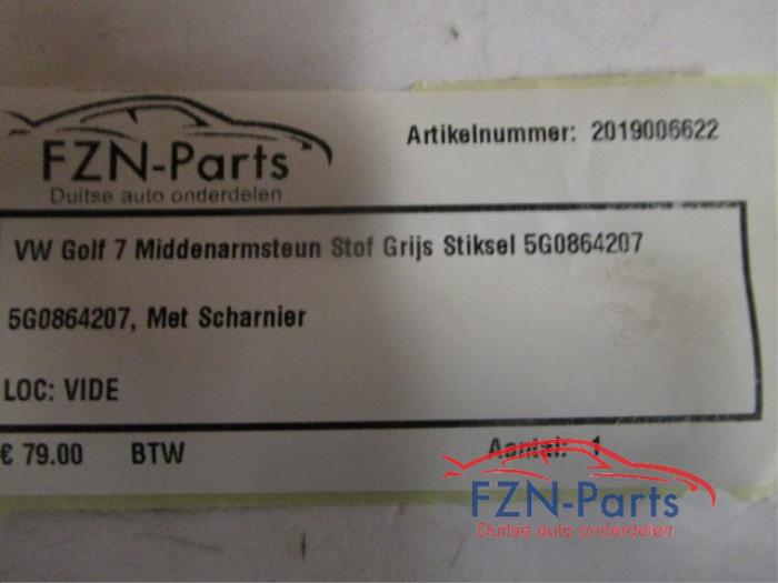 VW Golf 7 Middenarmsteun Stof Grijs Stiksel