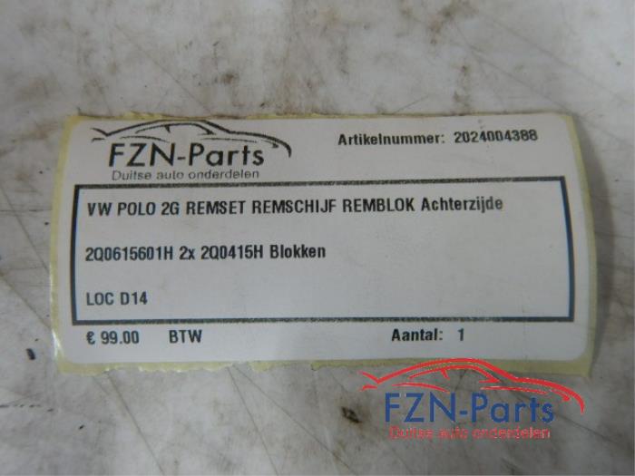 VW Polo 2G Remset Remschijf Remblok Achterzijde