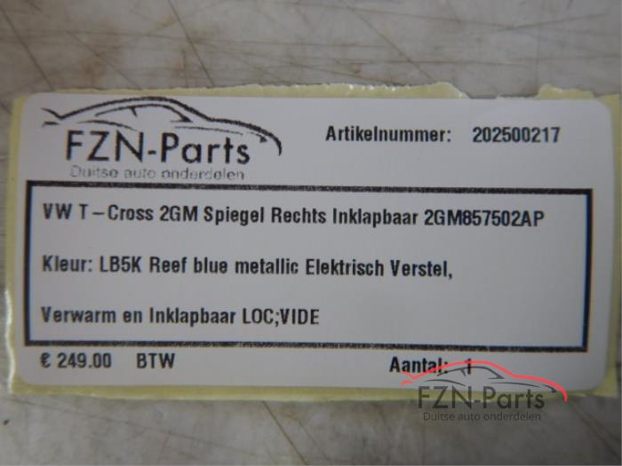 VW T-Cross 2GM (Zij,buitenspiegel) Spiegel Rechts Inklapbaar