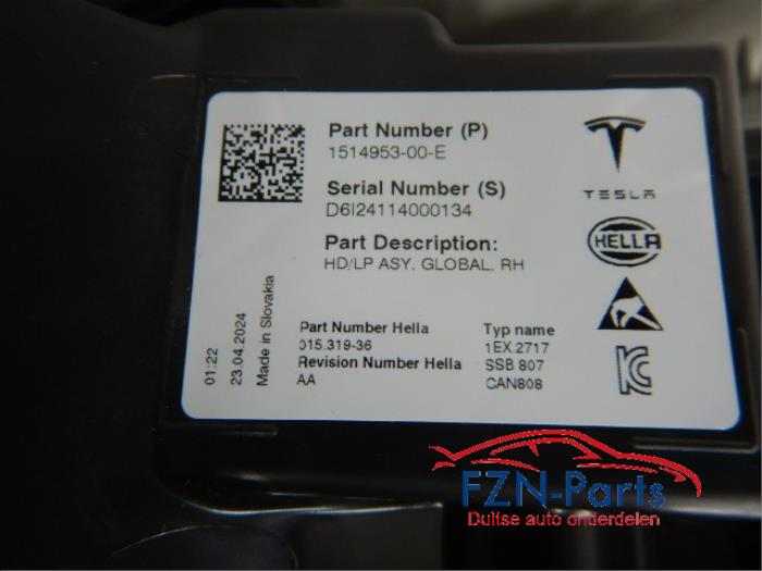 Tesla Model 3 Volled Facelift Koplamp Rechts