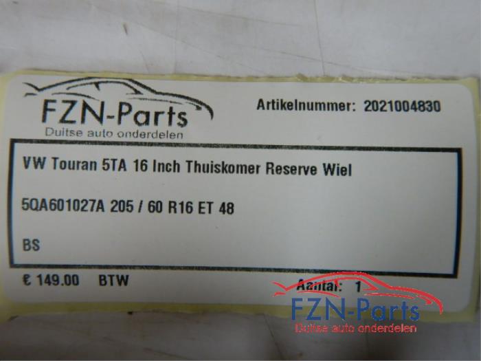 VW Touran 5TA 16 INCH Thuiskomer Reserve wiel