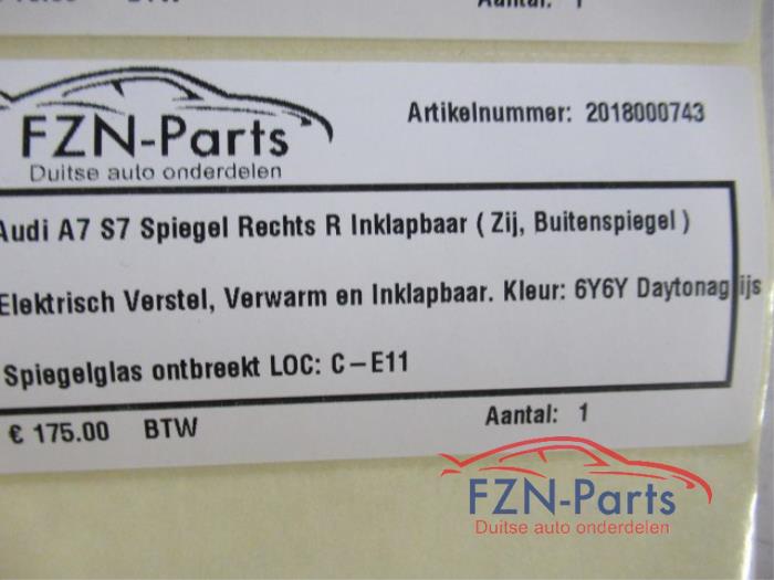 Audi A7 S7 Spiegel Rechts R Inklapbaar (Zij, Buitenspiegel) Elektrisch verstelbaar Verwarm en inklapbaar Kleur:
