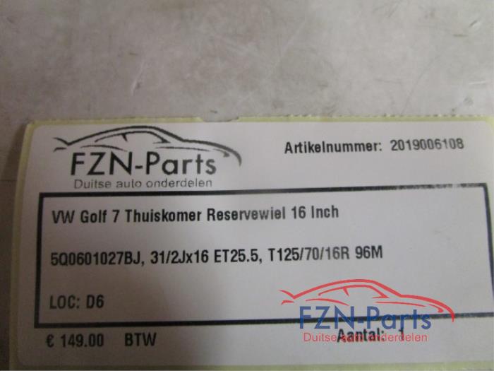 VW Golf 7 Thuiskomer Reservewiel 16 Inch