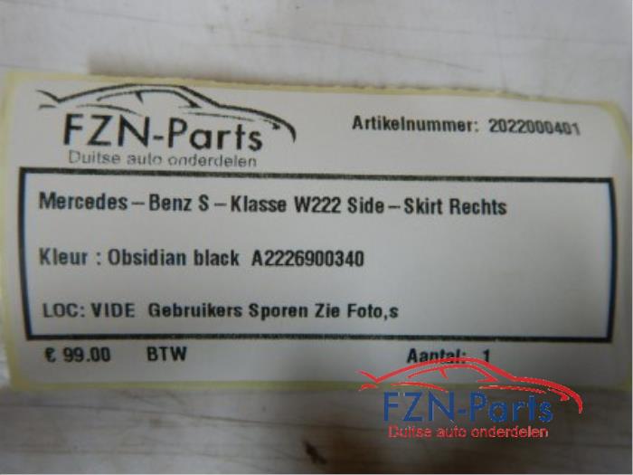 Mercedes-Benz S-Klasse W222 Side-Skirt Rechts Kleur: Obsidian Black
