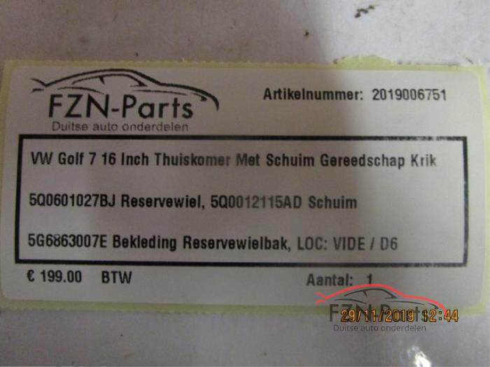 VW Golf 7 16 Inch Thuiskomer Met Schuim Gereedschap Krik