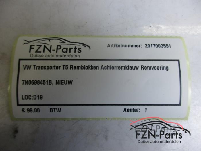 VW Transporter T5 Remblokken Achterremklauw Remvoering