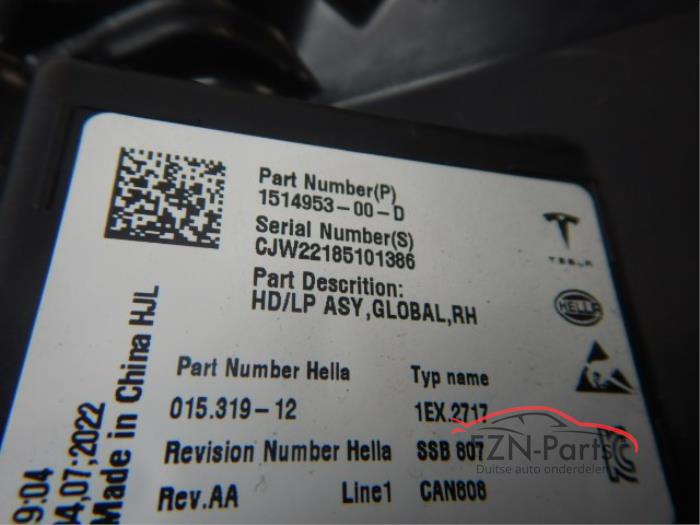 Tesla Model 3 VOLLED Facelift VOLLED Koplamp Rechts